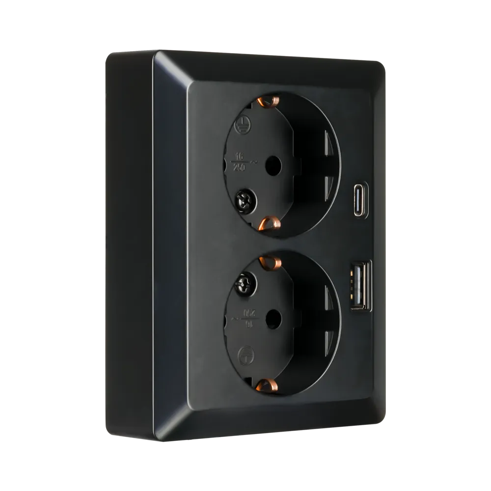 Wandcontactdoos Half Opbouw 2-voudig RA USB A + USB C Mat Zwart