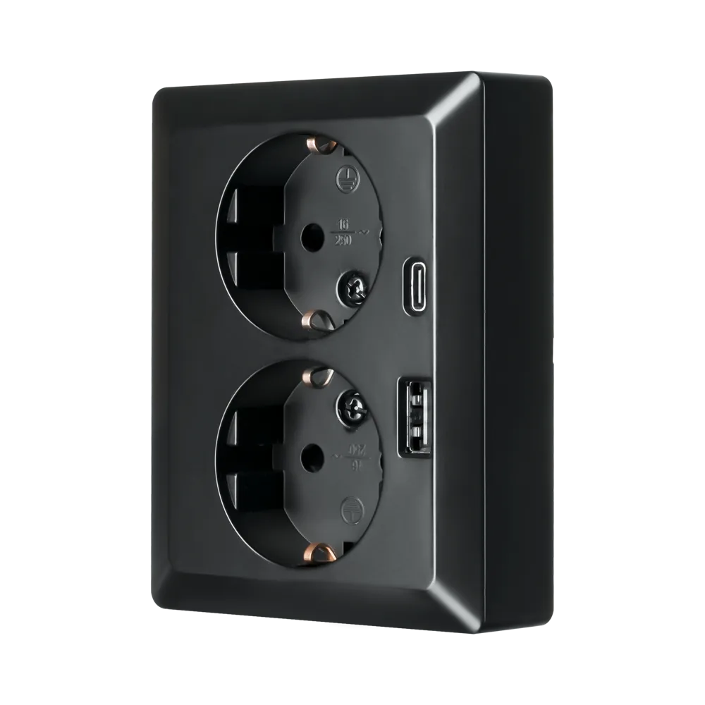 Wandcontactdoos Half Opbouw 2-voudig RA USB A + USB C Mat Zwart