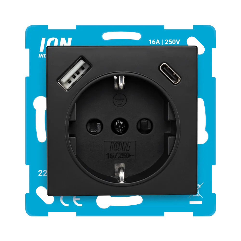 Wandcontactdoos RA USB A + USB C met Aanraakbeveiliging E1 Mat Zwart